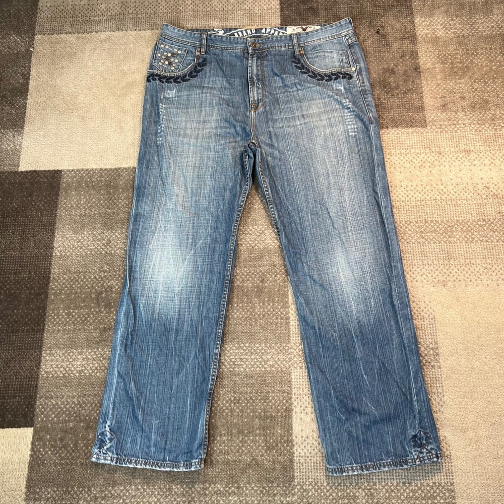 Y2K Phat Farm Men Baggy Loose Fit Blue Jean Studded Embroidered 40x31 Whiskering